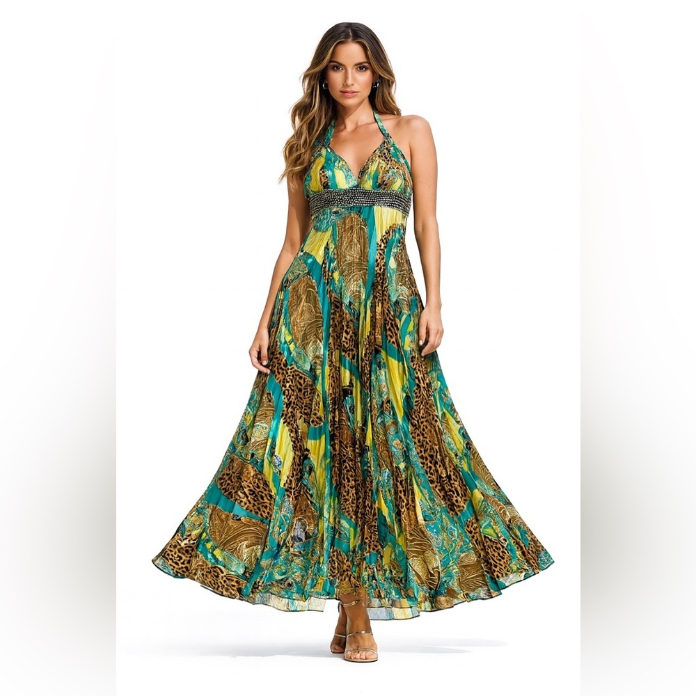 BICICI Classy Classic Accordion Halter Maxi Dress Beaded Waist & shawl. Large